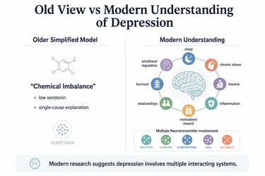 Infographic comparing the old chemical imbalance model of depression with modern understanding involving neurotransmitters