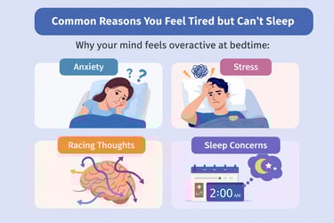 Infographic showing common reasons for insomnia including anxiety, stress, and racing thoughts.