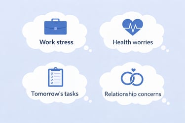 Infographic showing common sources of anxiety like work stress, health worries, tasks, and relationship concerns.