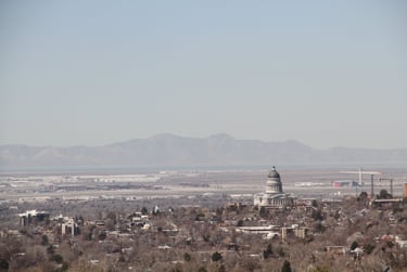 The Utah State Capital and SLC Airport with mountains in the background