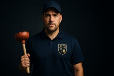 a man in a blue shirt holding a mallet