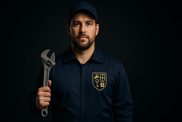 a man in a blue uniform holding a wrenet