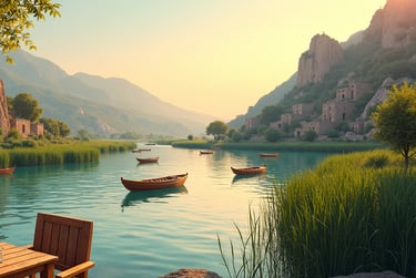 a table with a boat on the water