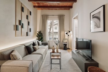 Contemporary Living room with custom art panels, open kitchen and a mix of modern and rustic design