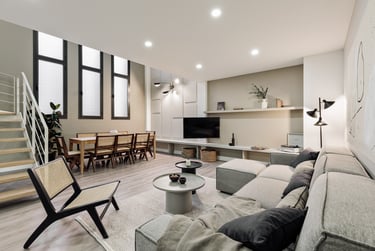 Contemporary loft apartment with a minimalist design, subtle lighting, neutral colors in Barcelona