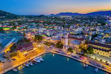 Zakynthos Zante town at Golden Hour in port with view to Laganas Bay