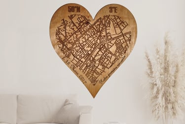a heart shaped wooden heart shaped map of a city