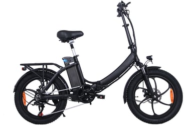 a black and white electric bicycle with a black seat