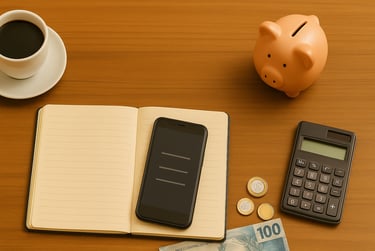 cofrinho, calculadora, celular, caderno, dinheiro e café. Itens para organizar as finanças