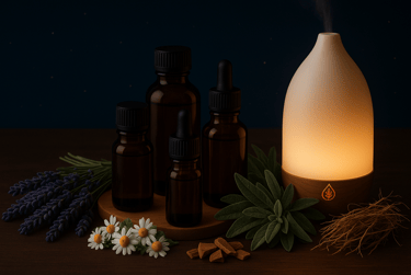 Wooden base diffuser with a light warm glow next to chamomile flowers, lavender on a table