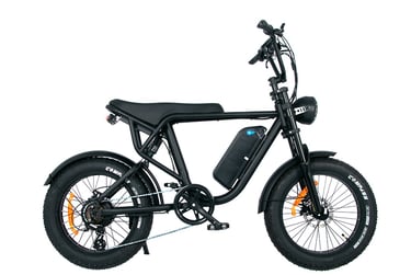 a black and white electric bike with a black seat