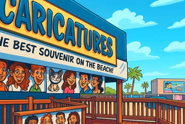 Color cartoon of caricature booth at the beach.