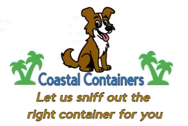 Coastal Containers logo with Scout the dog mascot. Tagline: Let us sniff out the right container