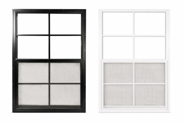 Shed window accessory available in white or black vinyl frames to improve lighting, ventilation, and appearance.