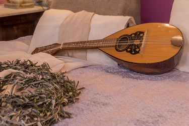 Bouzouki on rustic double bed with golden elements in Villa Galanoussa