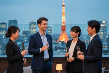 Business Networking in Tokio – junge Fachkraft spricht Japanisch mit Kollegen auf einer Rooftop-Bar, Karrierevorteile durch J