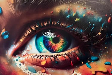 Color splash eye mural printed directly on wall, showcasing high-resolution wall art