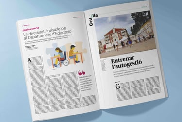 magazine article with an illustration of a disabled girl sitting on a wheel chair doing homework