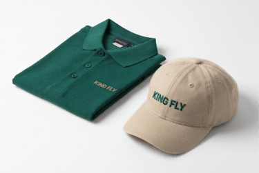 King Fly Corporate Apparel: Deep Emerald Green Polo Shirt and Custom Beige Cap.
