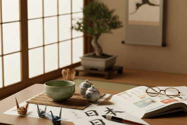 Japanisch lernen online – Kalligrafie, Origami, Matcha-Tee und Bonsai in einem traditionellen japanischen Zimmer