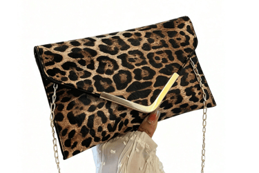 PU leather leopard print chain shoulder bag, bold cheetah pattern purse for chic winter fashion.