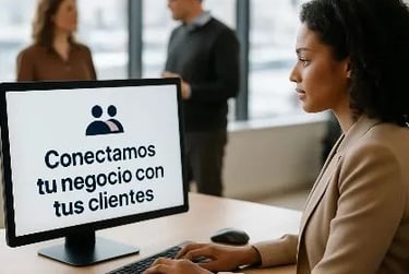 Chica presentando a clientes frente a un ordenador con el mensaje: conectamos tu negocio con tus cli