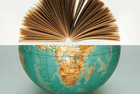 Teal colored globe showing Africa with a book centered on the globe
