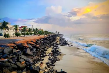Early sunrise view at Pondy’s rocky shoreline.