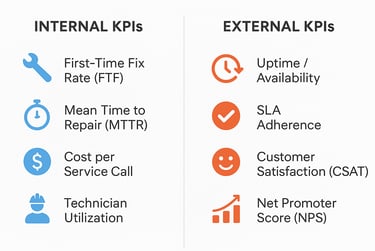 Internal (First-time-fix, Mean-time-to-repair, cost to service, utlization) vs external KPIs in afte