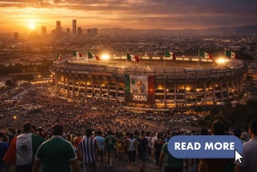 Estadio Azteca in Mexico City during a World Cup atmosphere, fans arriving for a major football matc