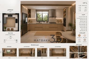 تصميم مطبخ مودرن مستقيم بخزائن خشب بلوط فاتح وأوف وايت مع سطح رخامي كريمي ونافذة كبيرة وإضاءة LED مخ