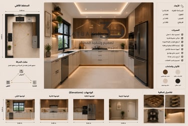 تصميم مطبخ كلاسيكي حرف L بخزائن أوف وايت وخشب الجوز الطبيعي مع أسطح رخامية وأجهزة مدمجة وإضاءة LED م