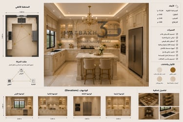تصميم مطبخ كلاسيكي حرف U بجزيرة رخامية وخزائن أوف وايت فاخرة مع أجهزة مدمجة وإضاءة دافئة وتوزيع عملي