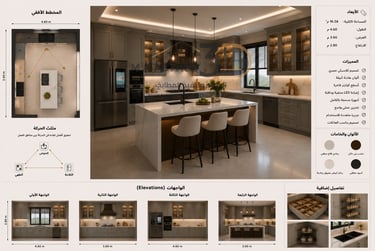 تصميم مطبخ كلاسيكي فاخر حرف U بخزائن رمادية وجزيرة رخامية كبيرة مع خزائن زجاجية مضاءة وأجهزة مدمجة و