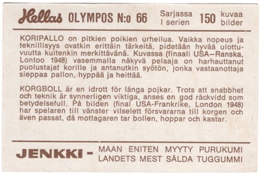 1965 Jenkki Gum Hallas Olympus #66 Team USA Basketball 1948 Card from Sweden (back)