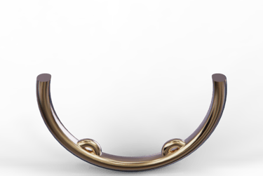 Polished gold metallic semi-circle decorative element with curved accents  showcasing sizing bumps.