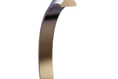 A polished gold triangular profile wedding band showing a knife edge cross section. 