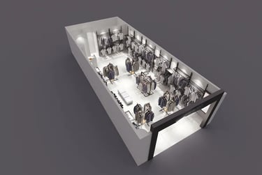 Modern retail clothing store interior layout with minimalist metal display racks and apparel.