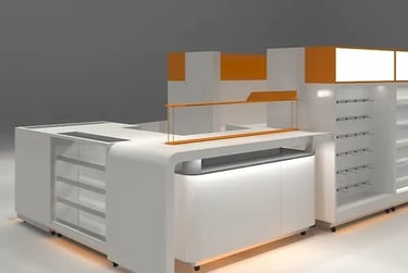 Modern white and orange retail kiosk with display shelves and checkout counter for shopping malls.