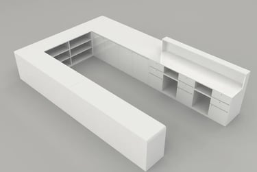 Minimalist white U-shaped modular display cabinets with integrated storage cabinets and shelving.