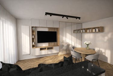Zabudowa RTV i szafa z lustrzanymi frontami w salonie z jadalnią