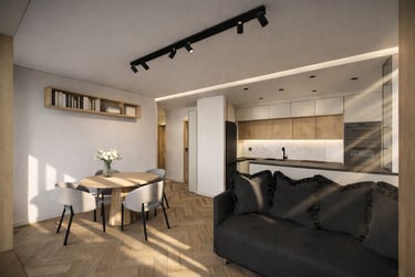 Kuchnia z salonem, zabudowa meblowa na wymiar, drewniane fronty, neutralna kolorystyka