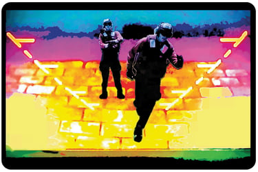 Pop art of an United States Air Force soldier running on the flight deck of an air craft carrier.