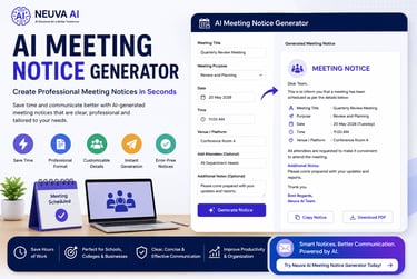 Neuva AI Meeting Notice Generator interface showing a customizable professional meeting invitation template.