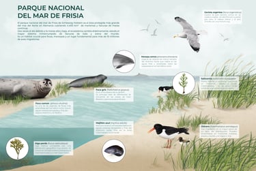 Panel informativo ilustrado del Parque Nacional del Mar de Frisia en Alemania