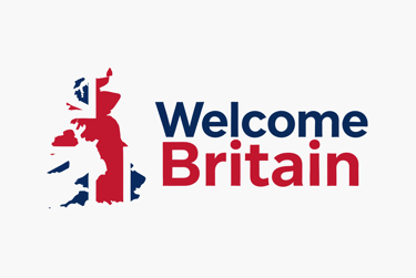 Welcome Britain logo featuring a UK map silhouette with the Union Jack flag design.