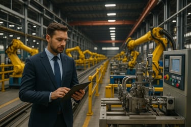 a man in a suit and tie is holding a tablet computer