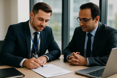 two men in suits and ties sitting at a table