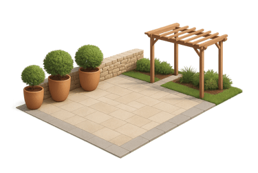 a garden with potted plants and a pergolized wooden pergol