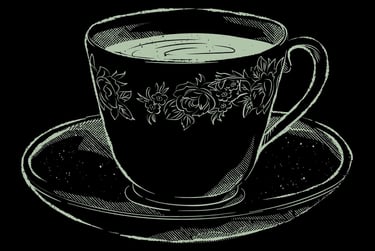 Vintage teacup and saucer illustration with floral rose patterns in a green sketch style.